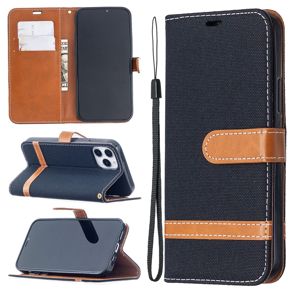 iPhone 12 / iPhone 12 Pro Stoff Tasche im Jeans Look mit Kartenfach   Magnetverschluss - Schwarz / Braun