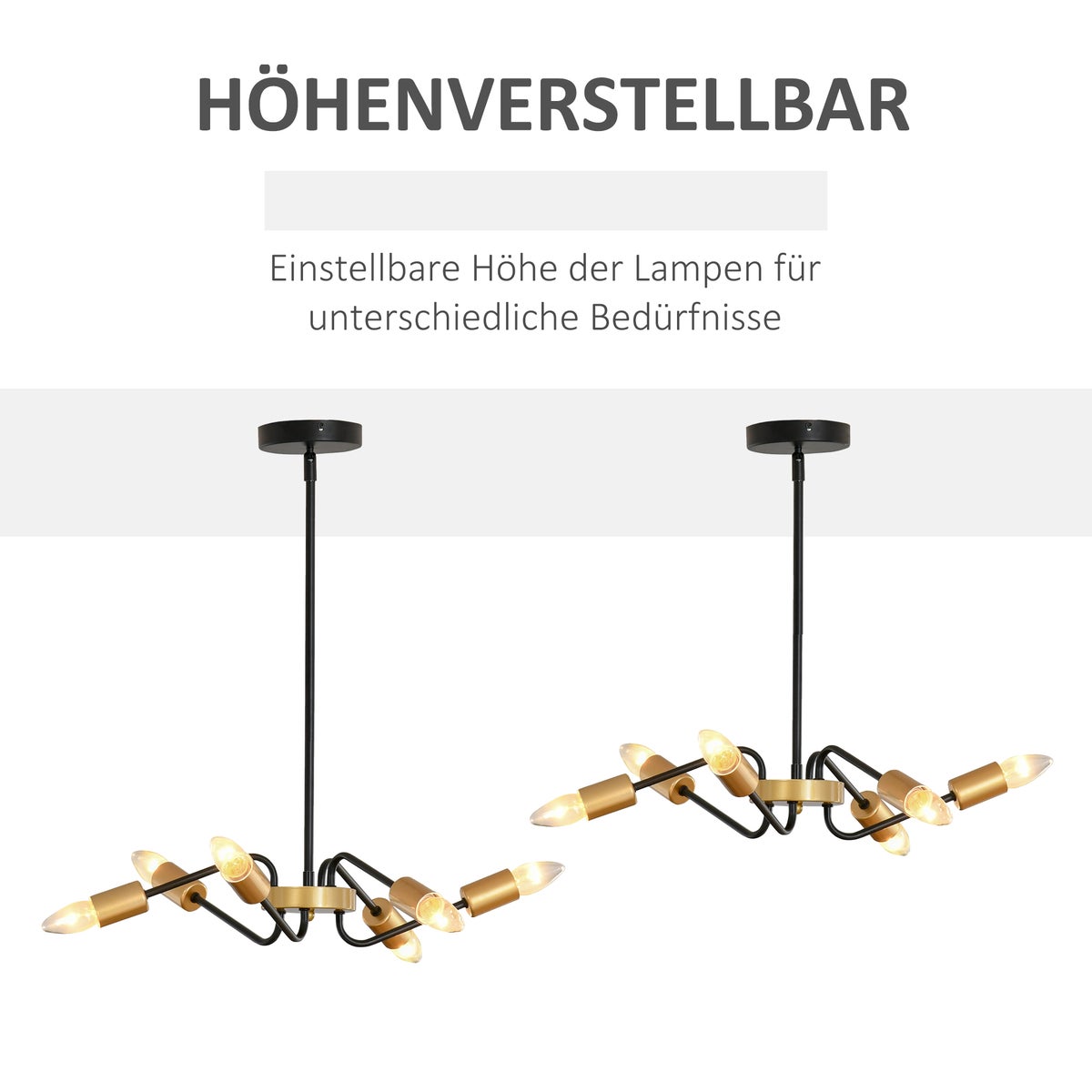 HOMCOM hanglamp, 6-lamps, in hoogte verstelbaar, met E27-fitting, Ø48 x 120 cm, metaal, zwart+goud
