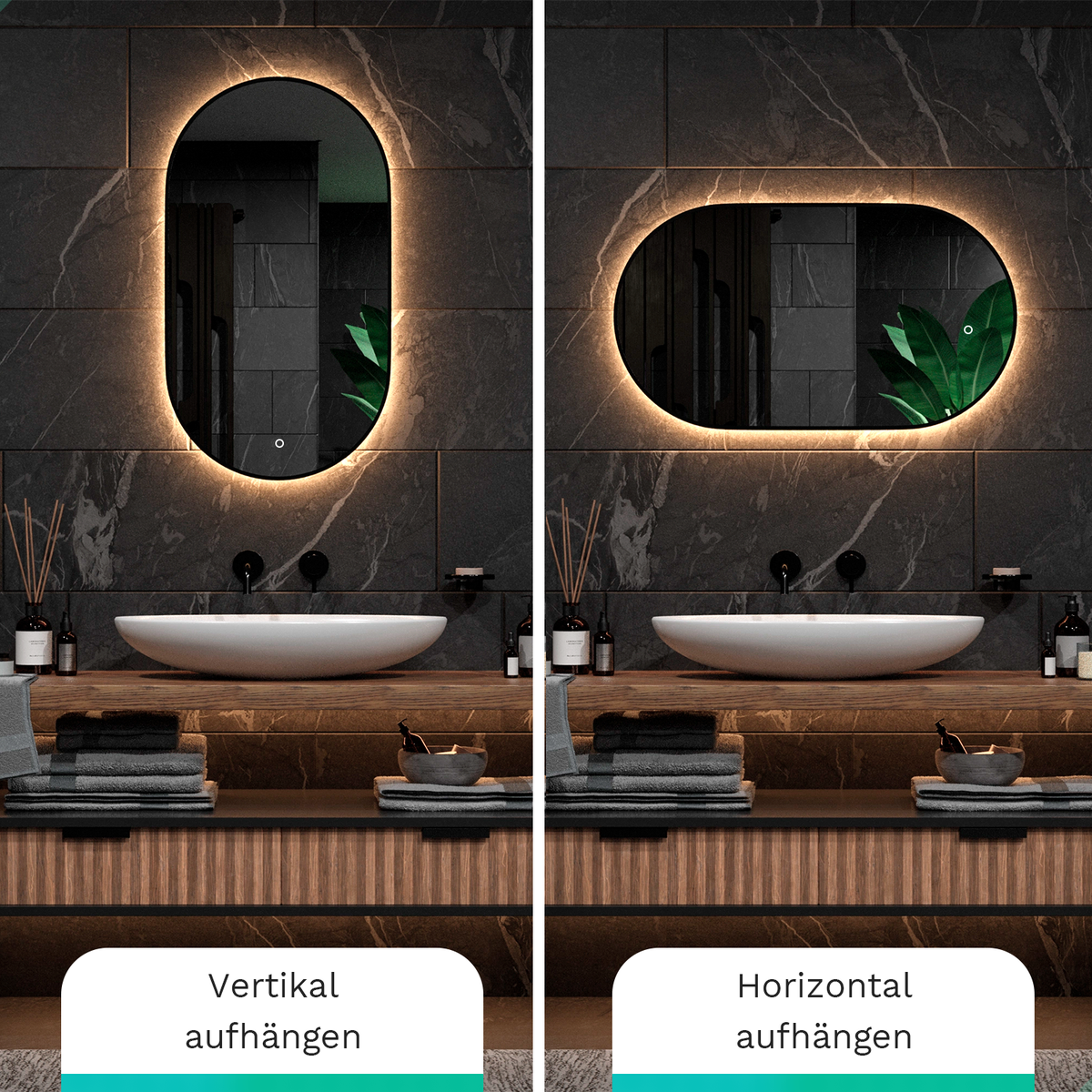 Mirlux badkamerspiegel met LED-verlichting en verwarming, ovale wandspiegel, anti-condens douchespiegel, zwart, 90x50cm