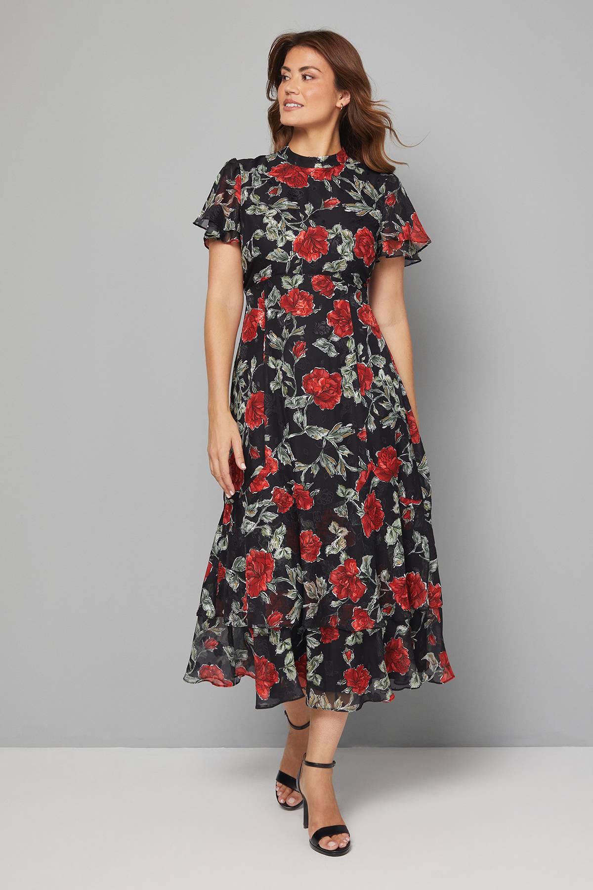 Wallis Robe Midi à Volants Motif Floral Dévoré