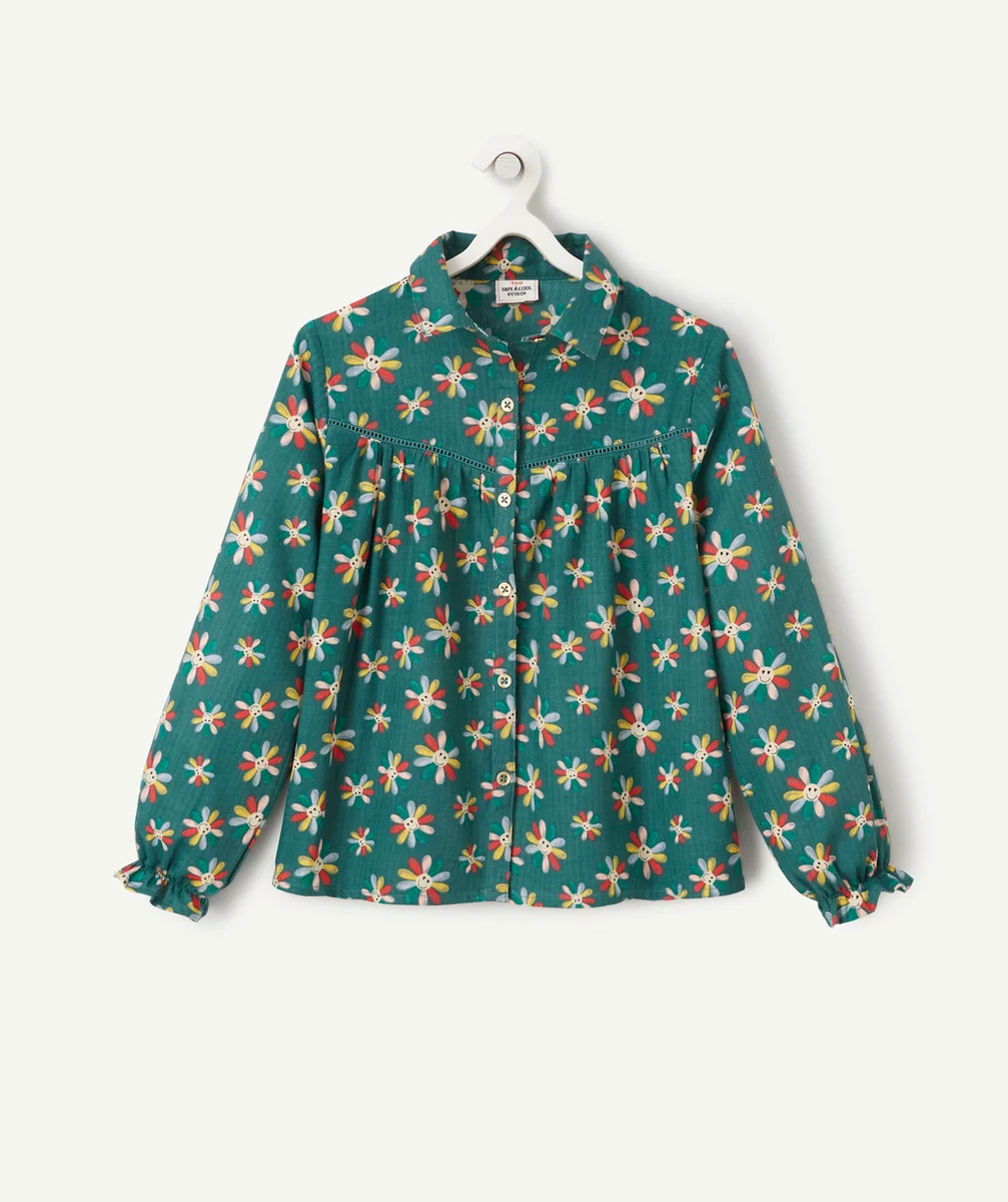 CHEMISE FILLE VERTE EN COTON ET IMPRIMÉE AVEC FLEURS SOURIRES