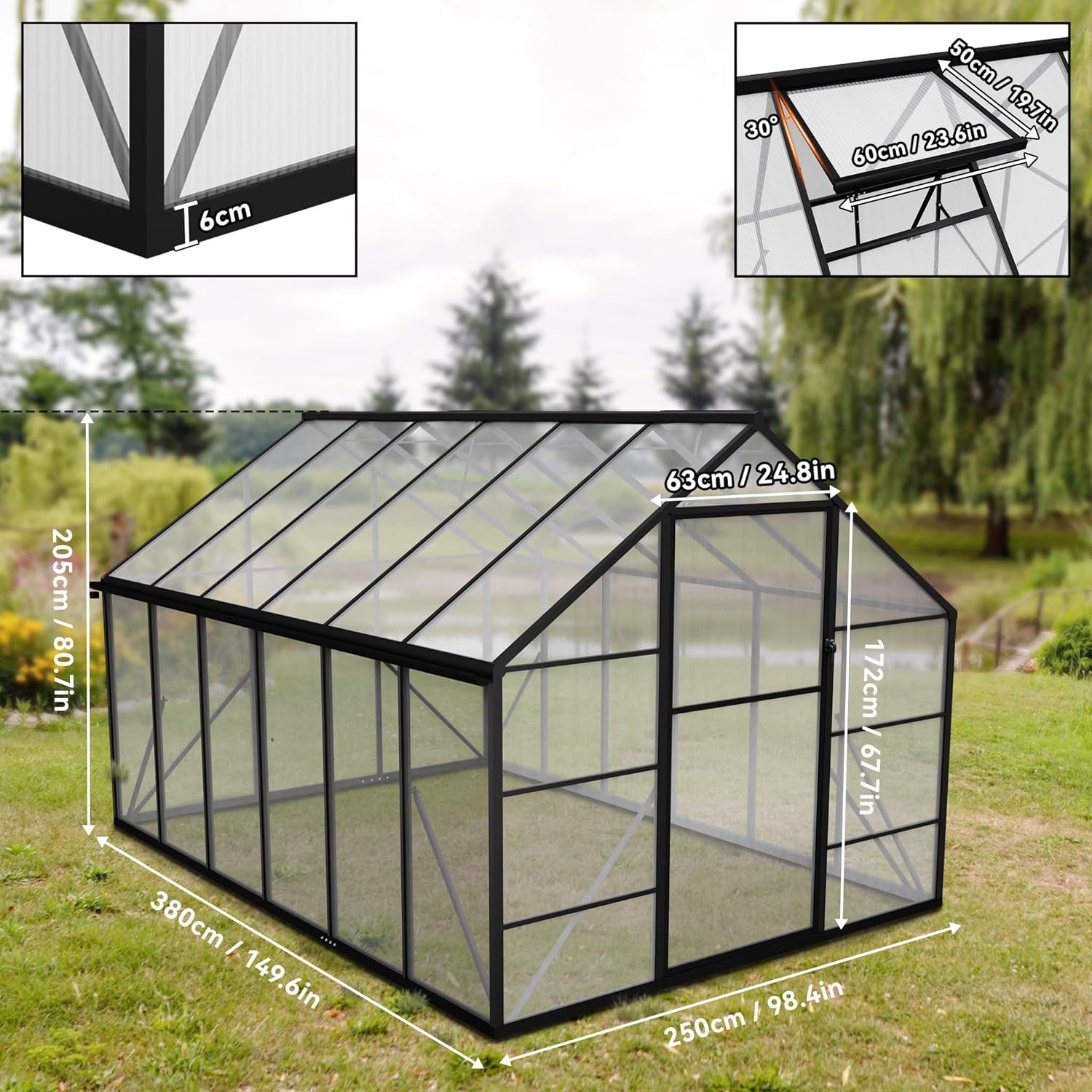 Gewächshaus Aluminium mit Fundament & Dachfenster Tomatenhaus wetterfest rostfrei Treibhaus Anzuchthaus temperaturbeständig Frühbeet Pflanzenhaus für Tomaten, Gemüse & Pflanzen - 380x250x205cm
