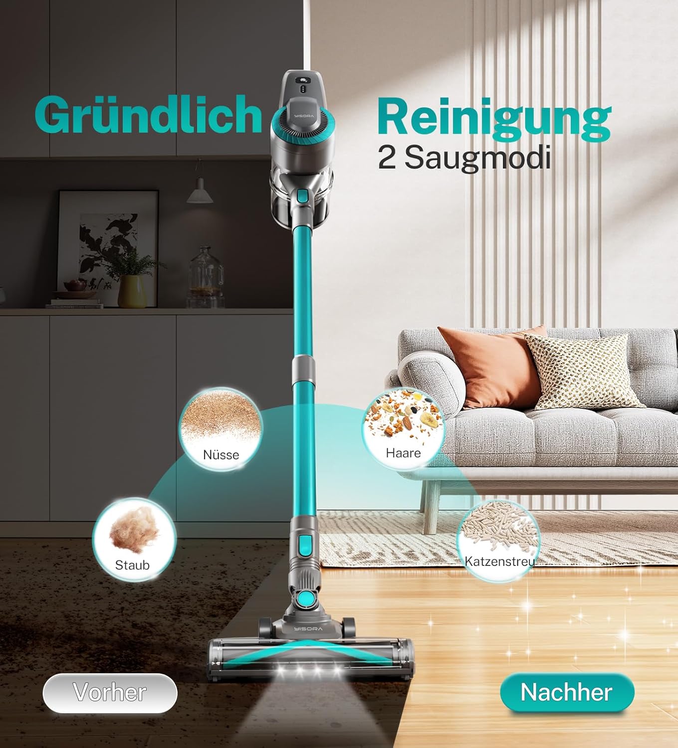 Akku Staubsauger, 25000Pa/175W/50Min Staubsauger Kabellos, Anti-Tangle-Bürste und Selbststehend, Ultraleichter Handstaubsauger akku vacuum cleaner Stielstaubsauger für Teppichen, Hartboden, Tierhaare