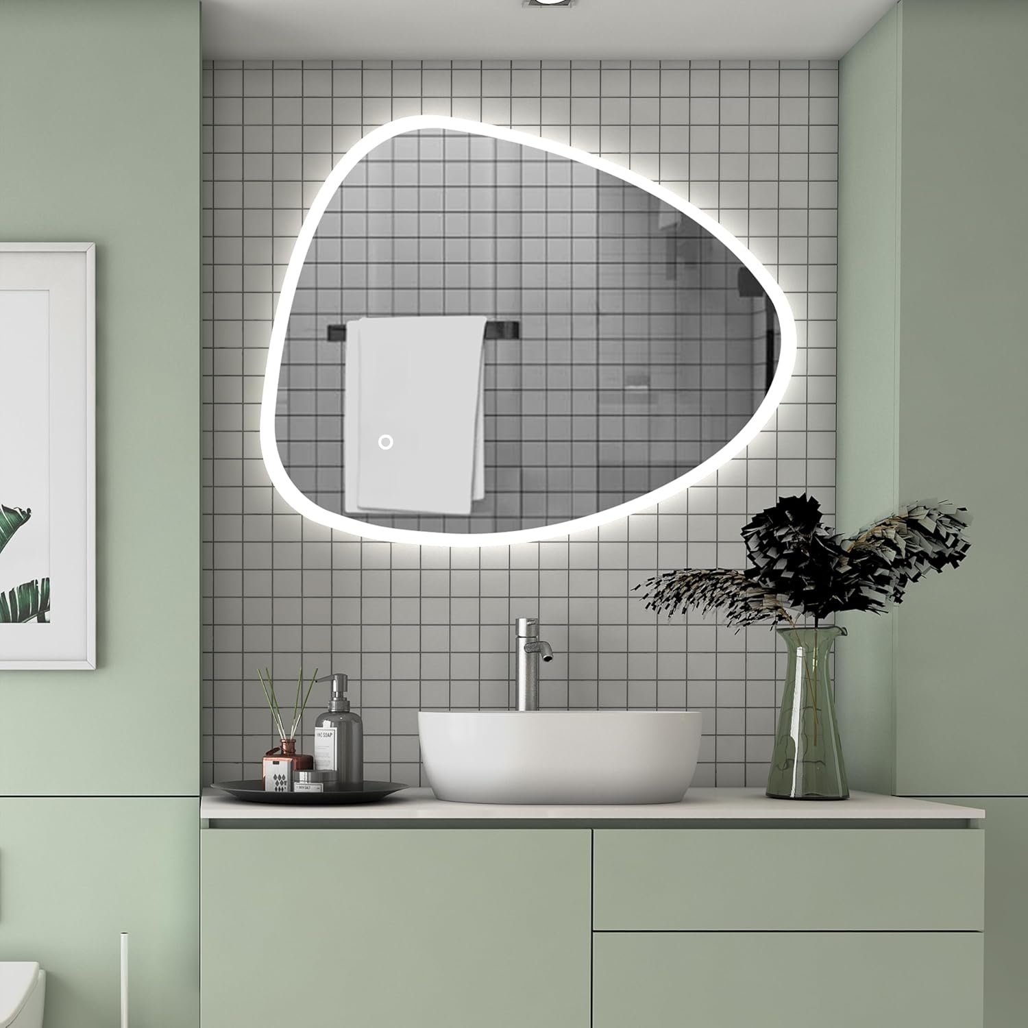 Badspiegel 80×55cm Spezial Rund 3 Lichfarbe dimmbar Memory Wand/Touchschalter Anti-Beschlag Badezimmerspiegel mit LED Beleuchtung Spiegel Warm/Neutral/Kaltweiß Energiesparend Lichtspiegel IP44