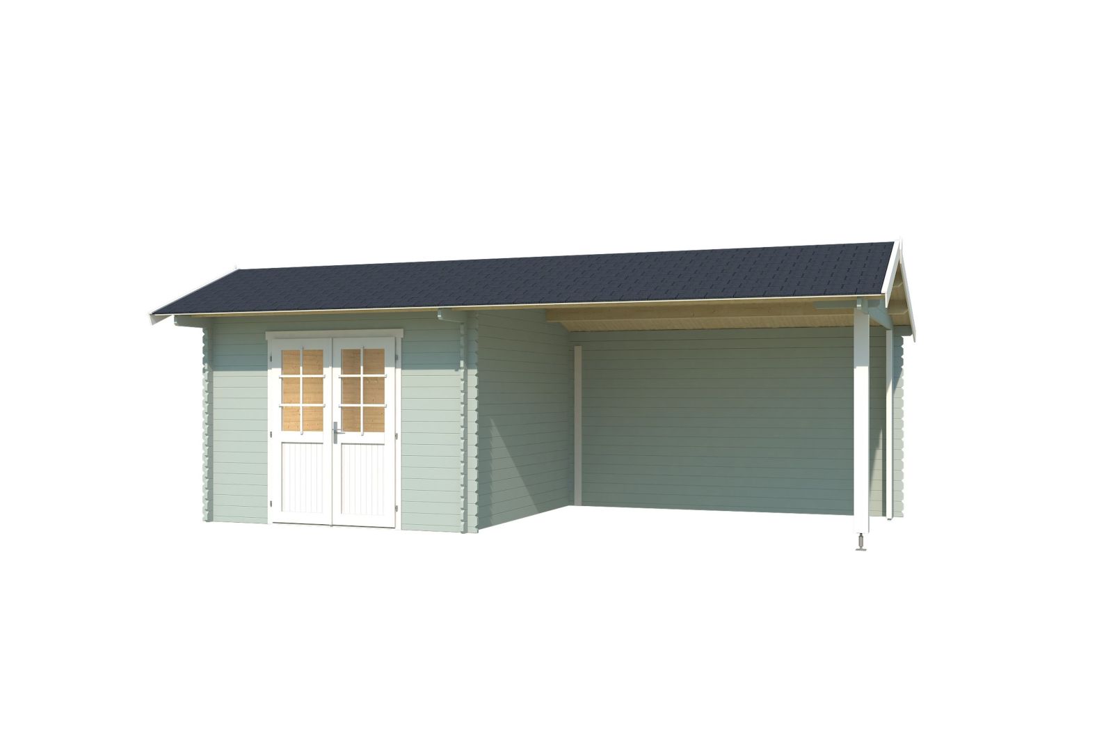 Blockbohlenhaus NEW YORK - gletschergrün - Fichte massiv - mit Anbau - 680x300 cm