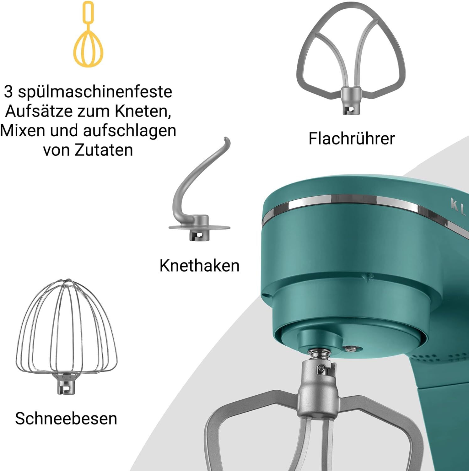 KLAMER Küchenmaschine 1800W, Knetmaschine Brotteig mit Edelstahl-Rührschüssel 6 L, 10 Stufen mit Timer, Planetenrührwerk, Rührbesen, Knethaken, Schneebesen & Sichtdeckel (türkis)