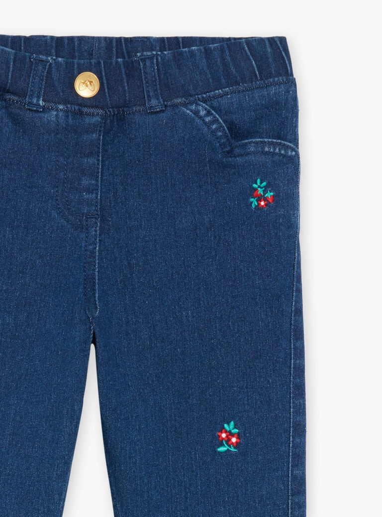 Jean bleu foncé à broderies fleuries