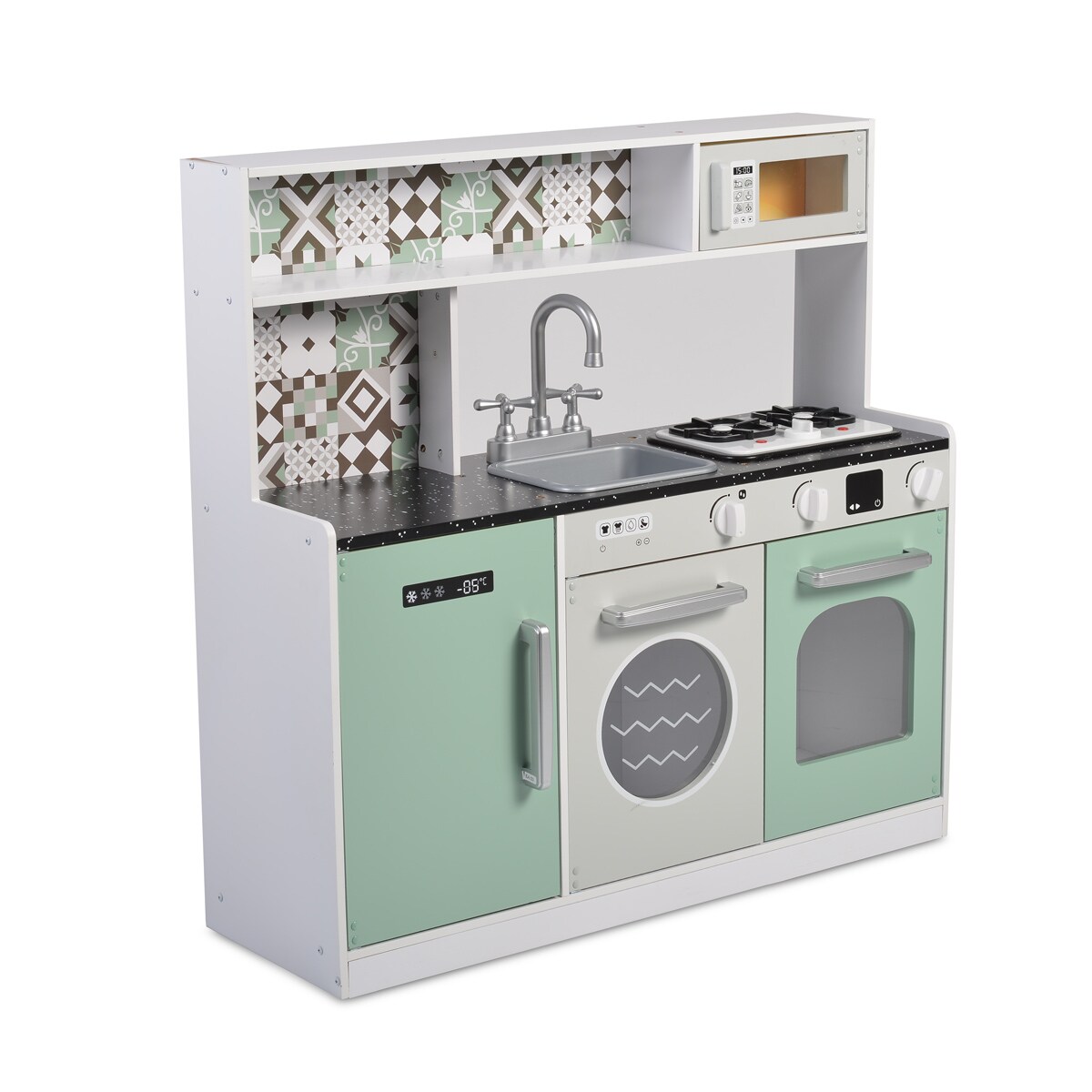Moni Kinderküche 7257 Holz 80 cm hoch Spülbecken Backofen Mikrowelle Licht Musik grün
