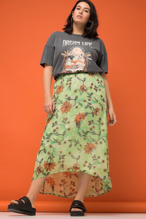 Midirock, A-Line, Chiffon, Flowerprint, Elastikbund