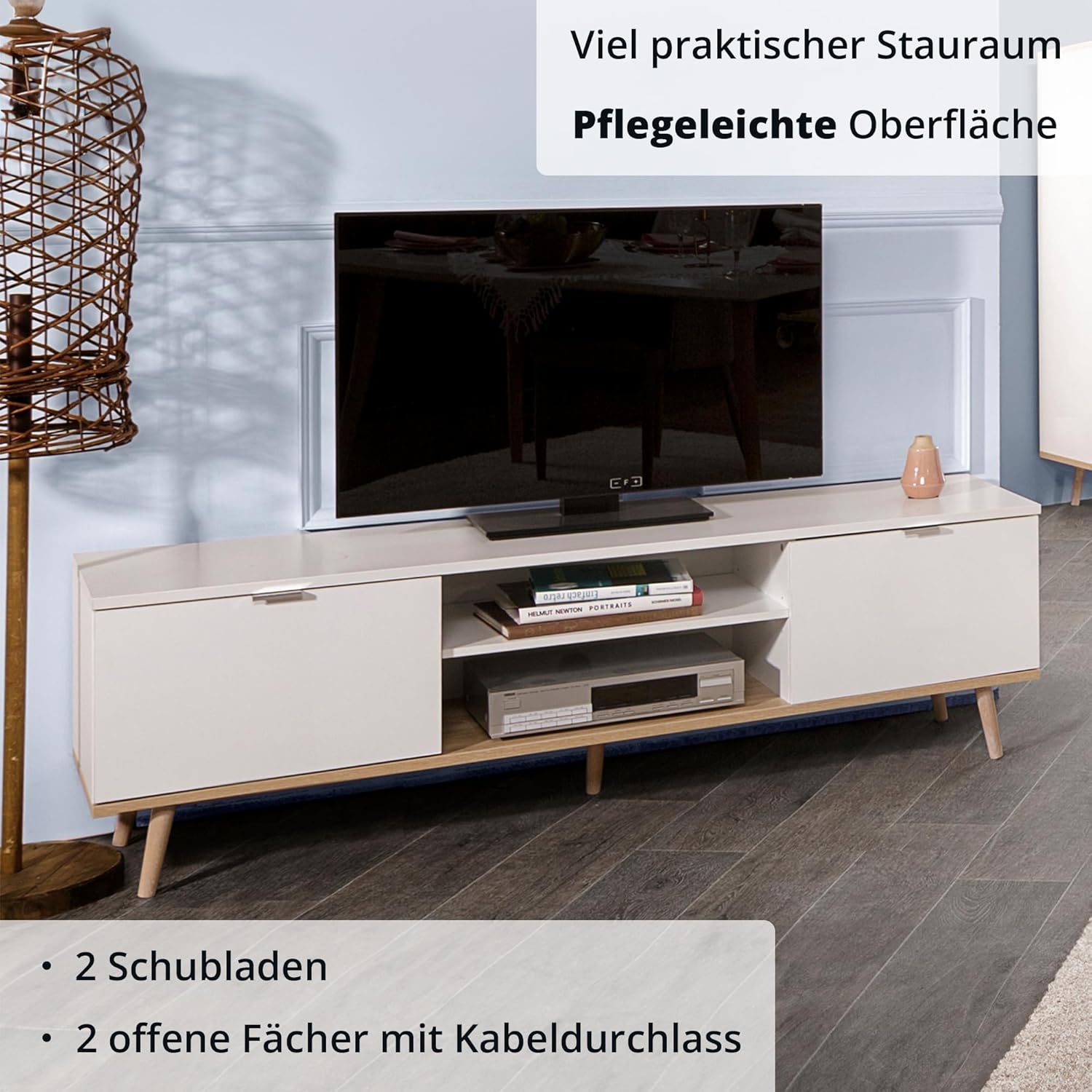 KHG TV-Lowboard 2-türig & 2 Fächer Scandi, TV-Bank aus Holzwerkstoff weiß foliert fürs Wohnzimmer, 35 kg belastbar, 160 x 50 x 40 cm (B/H/T)