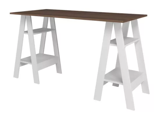 Bureau 2 Tréteaux 4 Niches Blanc et Châtaignier L 135 H 75 P 60 cm