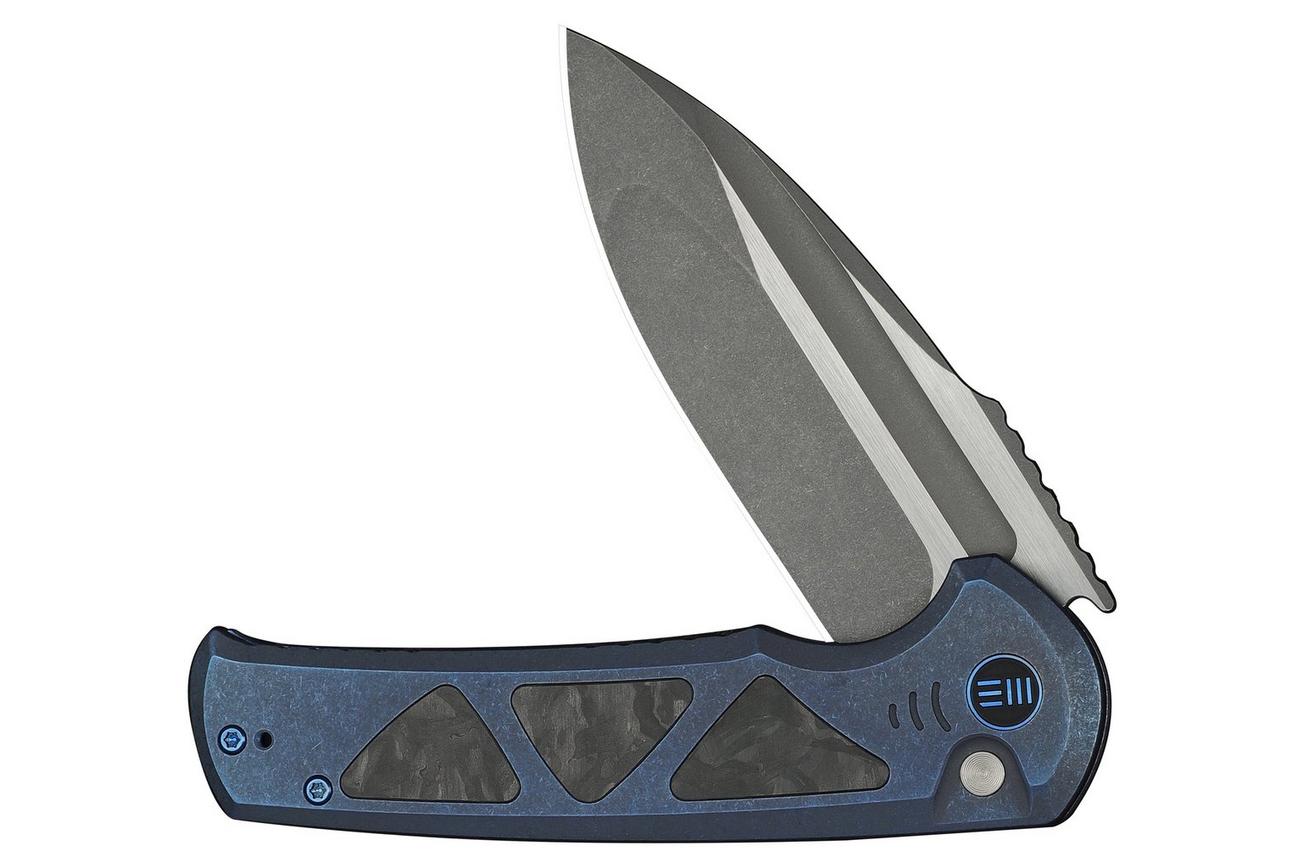 WE Knife Sylox WE24027-2 Gray Stonewashed, Blue Titanium Shredded Carbon Inlay, zakmes