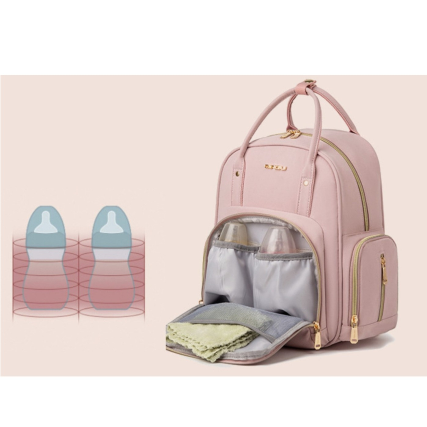 (34x25cm) Baby Reise Rucksack Wickeltasche Aufbewahrungsfächer für Windeln / Milchflasche / Kleidung / Spielzeug - Rosa