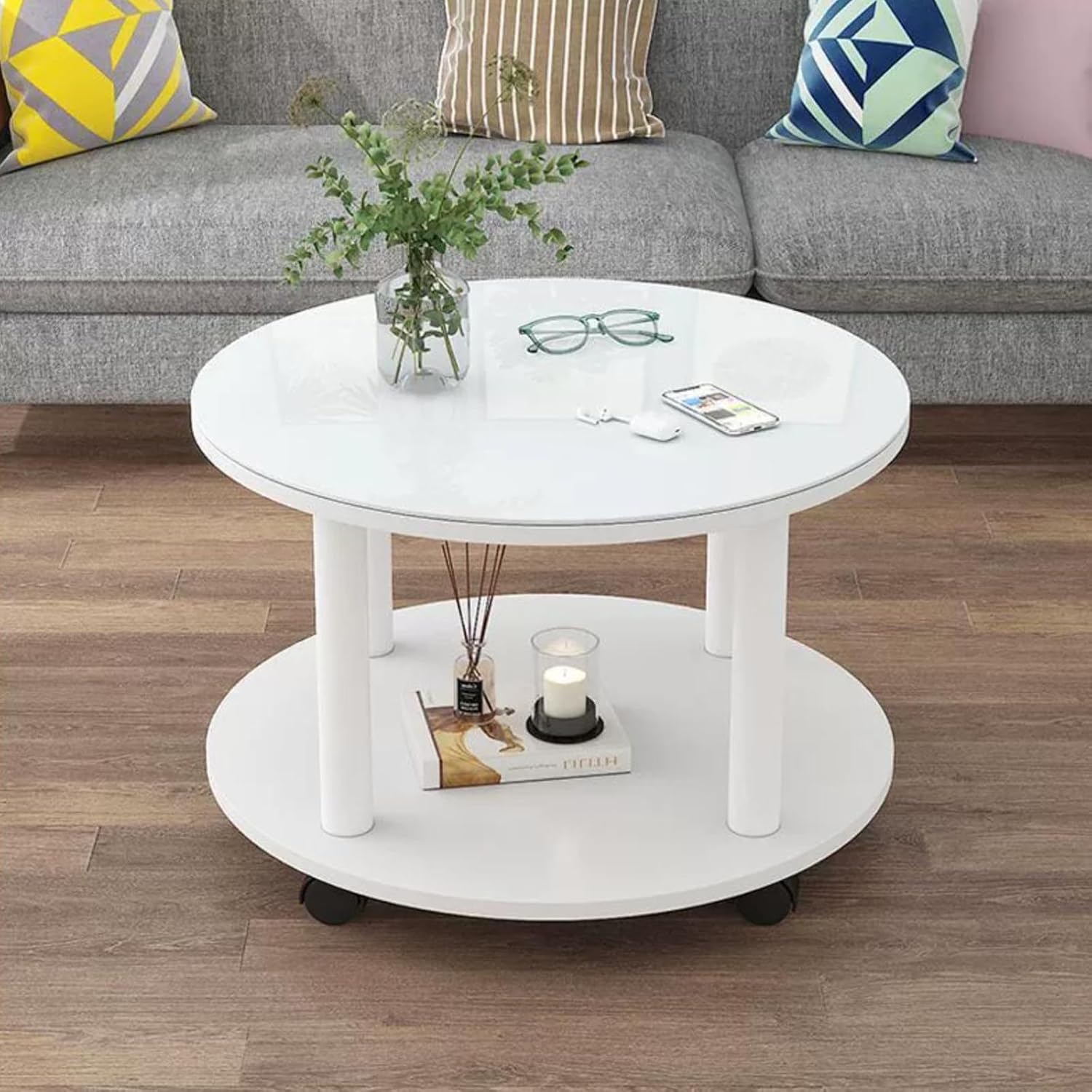 Couchtisch Mit Stauraum, Runder Couchtisch Aus Glas, Couchtisch Mit Glasplatte, Wohnzimmertisch Mit Rollen, Moderner Couchtisch Mit 2 Ebenen, Mode Schmiedeeisen Wohnzimmertisch, Kleiner Beistelltisch(