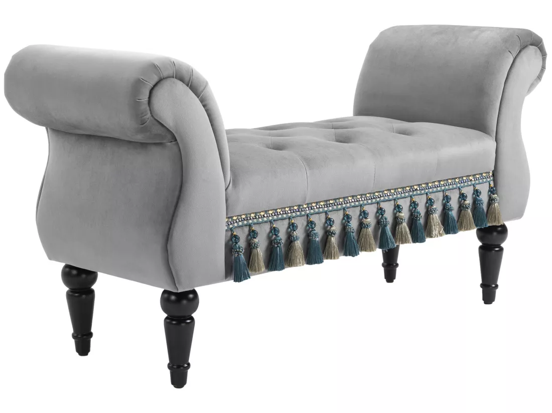 Banc banquette capitonnée design accoudoirs courbés pompons pieds bois hévéa revêtement velours gris