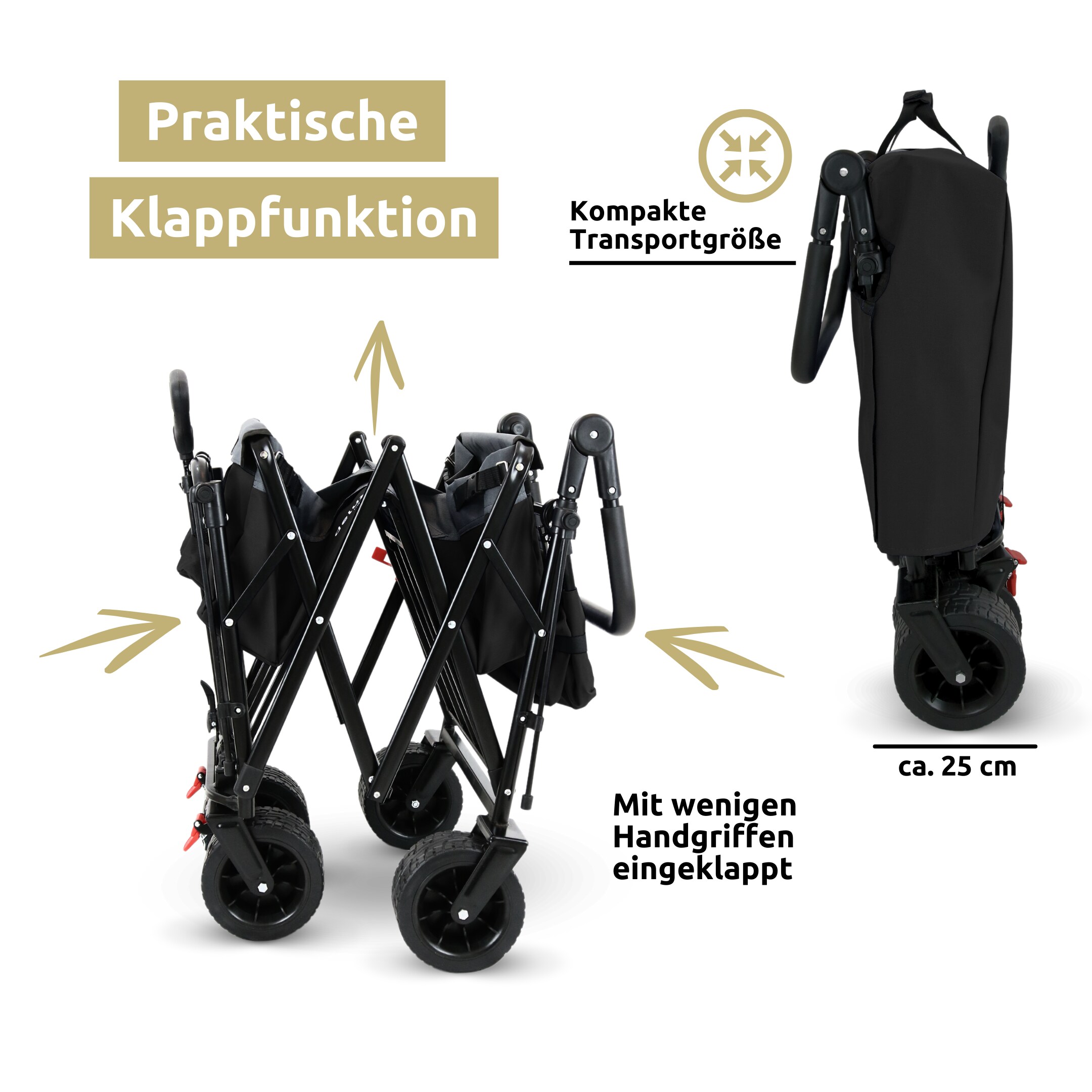 deluxe4home® Bollerwagen faltbar mit Breiten Reifen und Dach | Schwarz/Grau