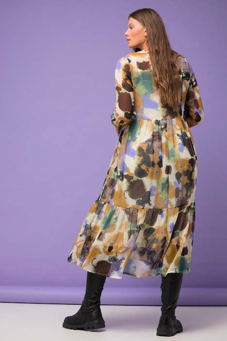 Maxikleid, A-Line, doppellagig, Batik Print, Langarm