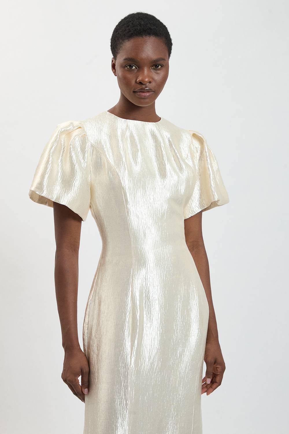 KarenMillen Robe Midi Texturée Métallisée À Manches Bouffantes