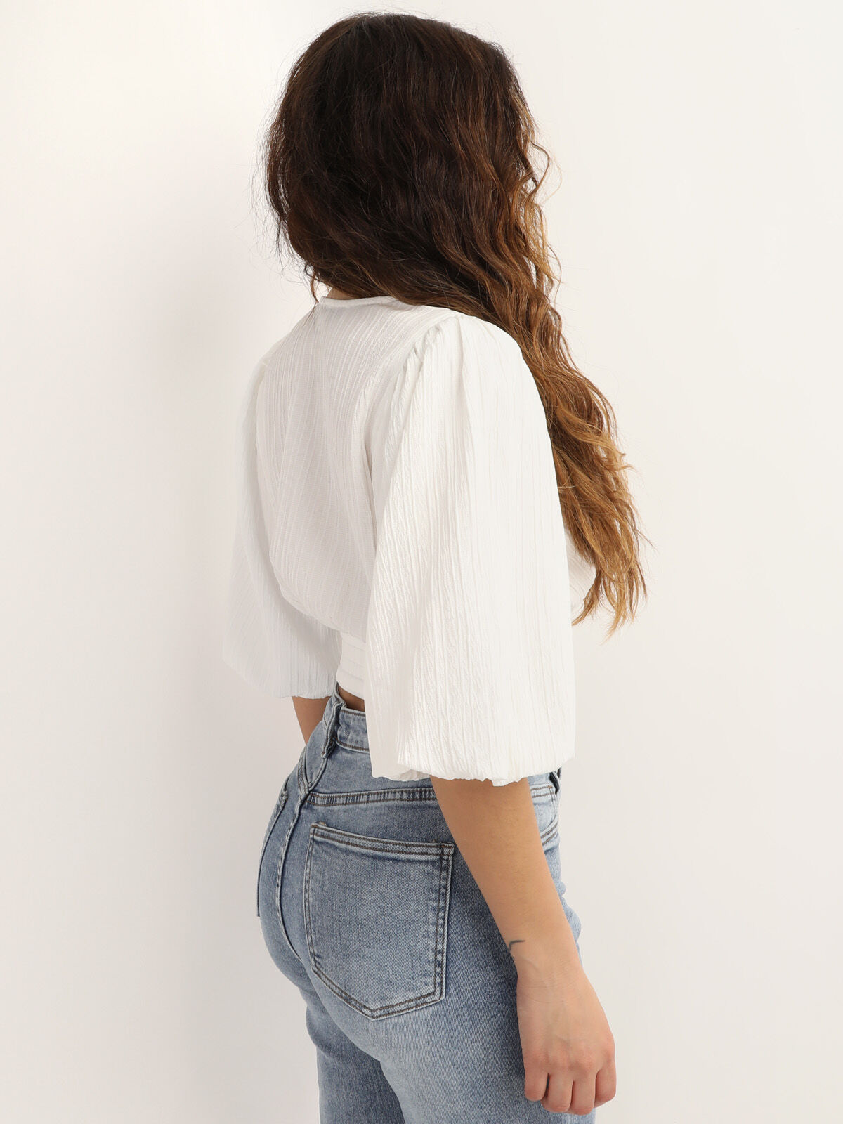 Crop Top plissé à manches ballons- Blanc