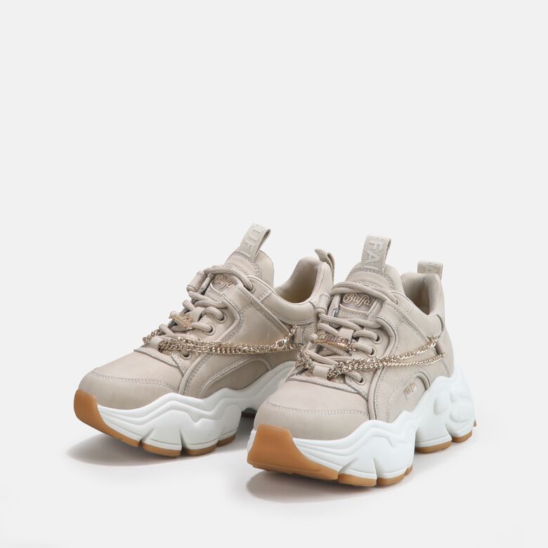 Binary Chain baskets basses véganes, beige et chaîne dorée