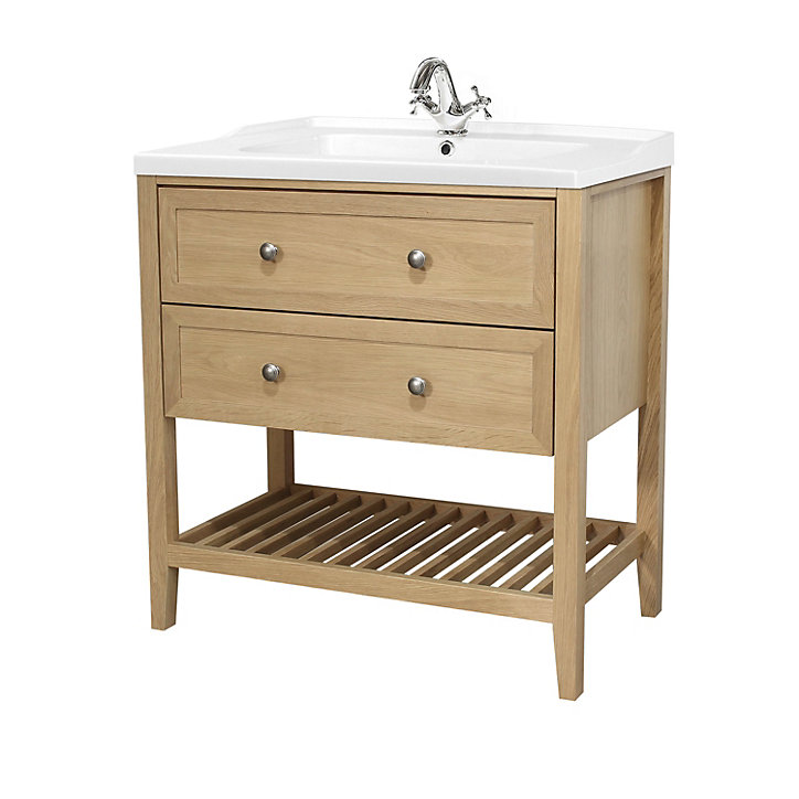 Meuble sous vasque à poser 2 tiroirs GoodHome Perma chêne 80 cm + Plan vasque blanc GoodHome Lana