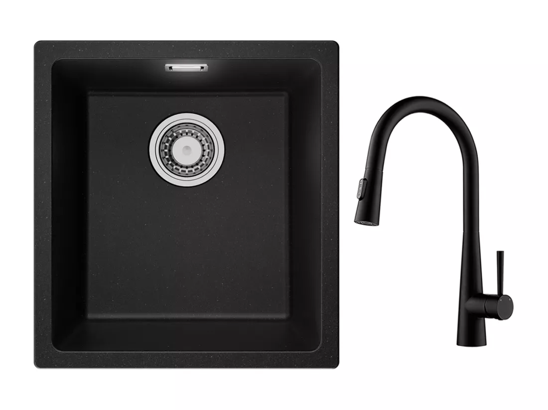CECIPA MAX Evier 1 Bac en Quartz et Résine Noir Gris 40*44*20cm + Mitigeur de Cuisine avec Douchette Extractible Avec 3 Modes de Sortie D'eau Noir