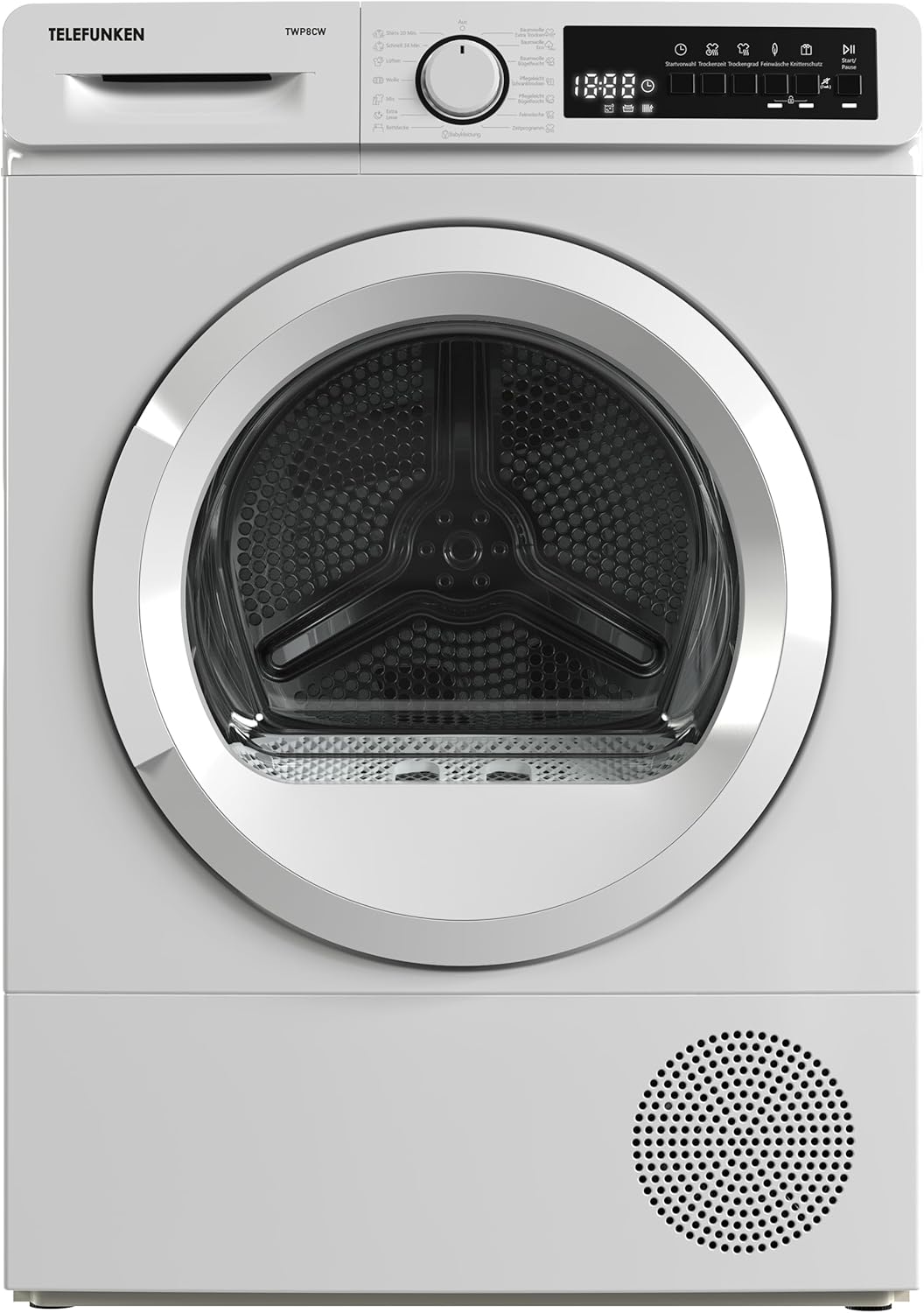 Telefunken Wärmepumpentrockner für 8 kg Wäsche, Trockner Frontlader, Wäschetrockner mit Knitterschutz und Startzeitvorwahl, Energiesparend, leise 64 dB, 15 Programme, Schontrommel, TWP8CW