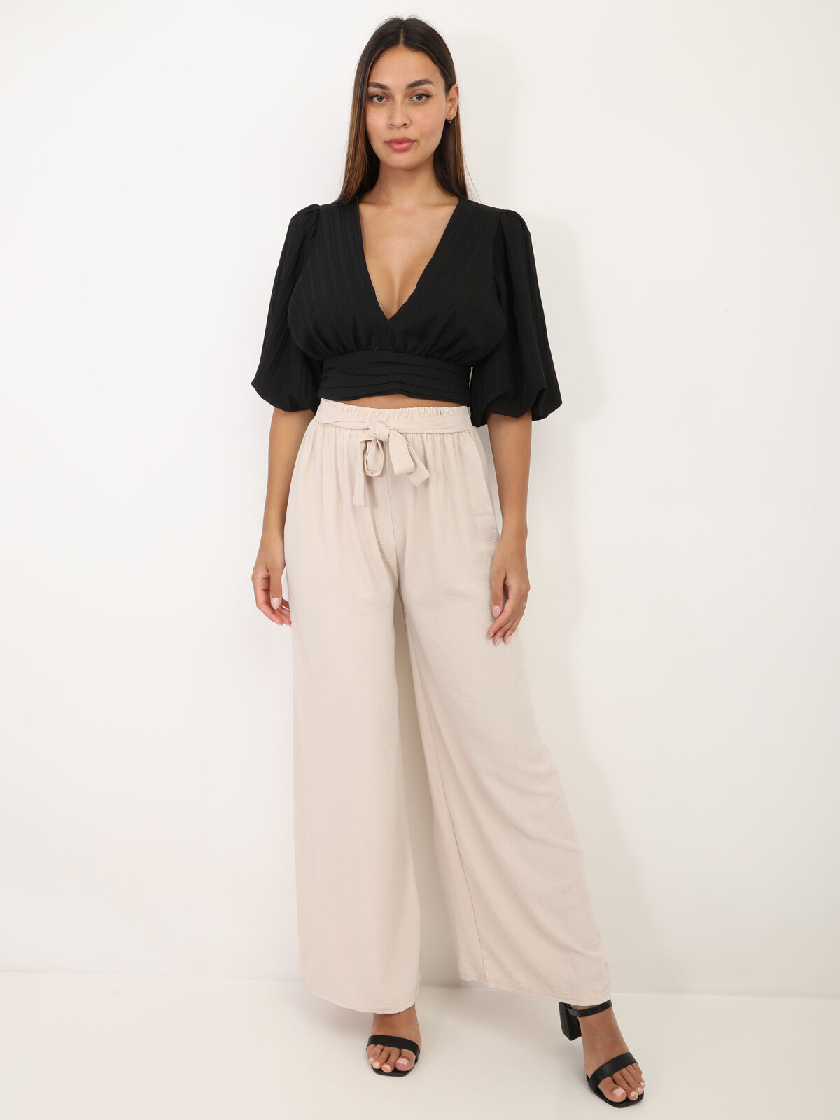 Crop Top plissé à manches ballons- Noir
