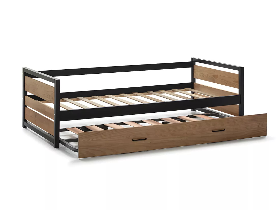 Lit gigogne industriel BOSTON - 2 x 90 x 190 cm - MDF, Pin et métal - Coloris : Noyer et anthracite + Matelas