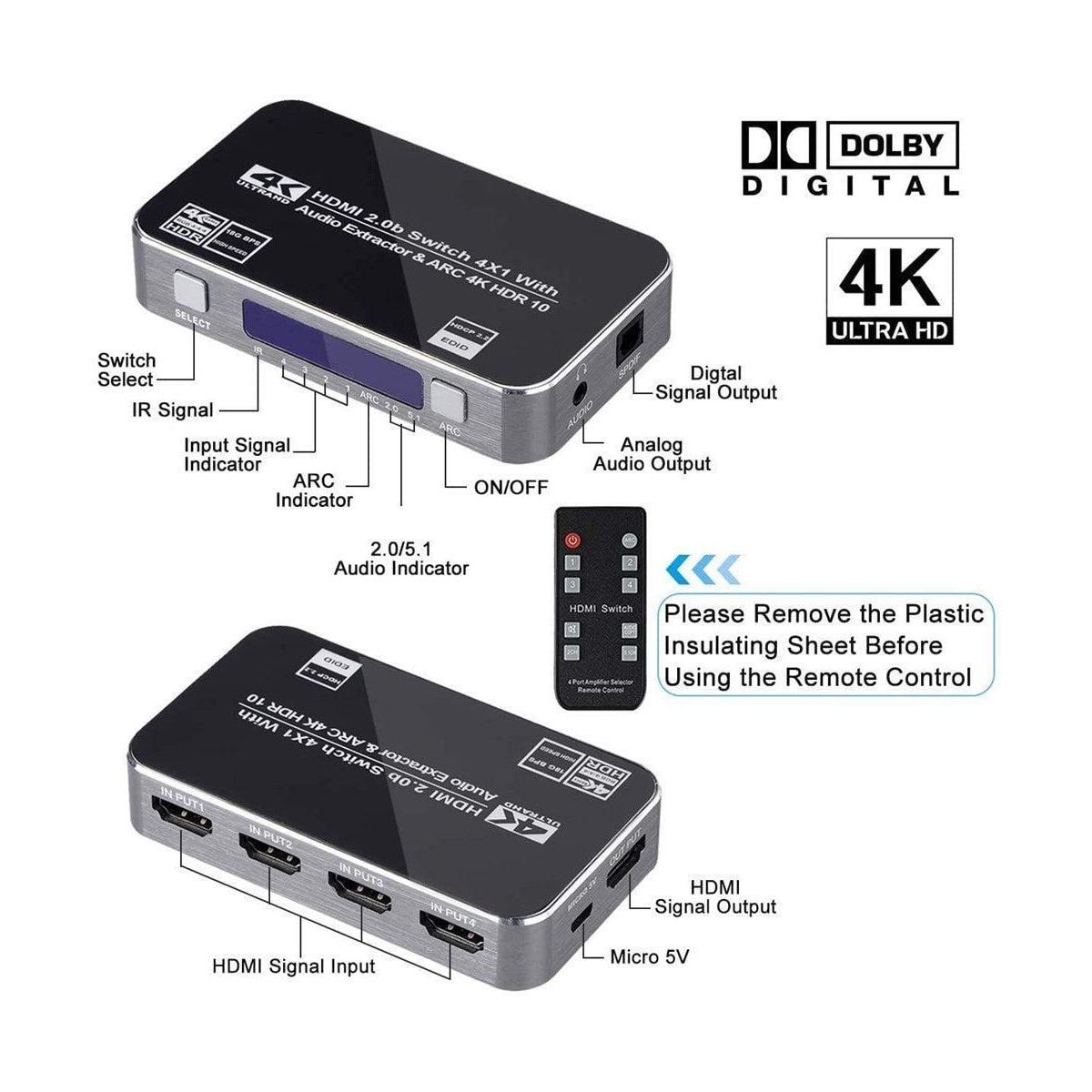 NÖRDIC HDMI Switch 4 til 1 med Audio Extractor og ARC 4K60Hz MHL Dolby True SPDIF Stereo 3D