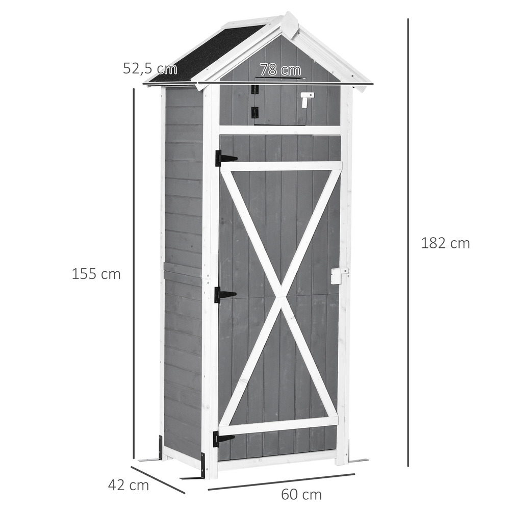 Armoire abri de jardin remise pour outils 4 étagères 9 crochets 2 porte loquets toit pente bitumé sapin gris blanc