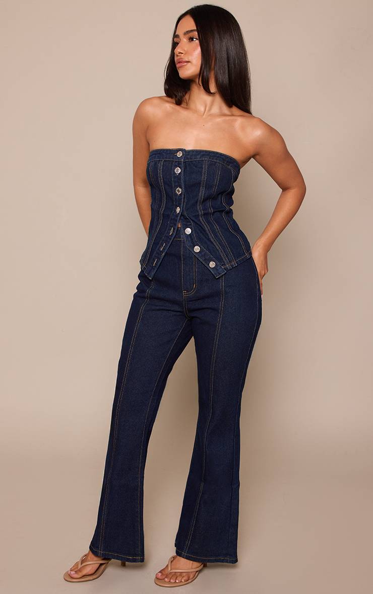 Bleu Indigo Foncé Jean Droit Petite À Coutures Contrastées