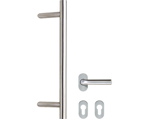 Duwbeugel en hendelset model Lincoln roestvrij staal zilver incl. binnenhendel en rozet. Duwbeugel L: 900 mm