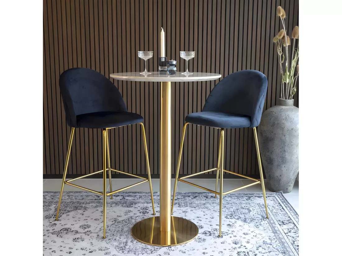 TYROL - Table Haute Ø70cm Aspect Marbré et Pied Métal Doré