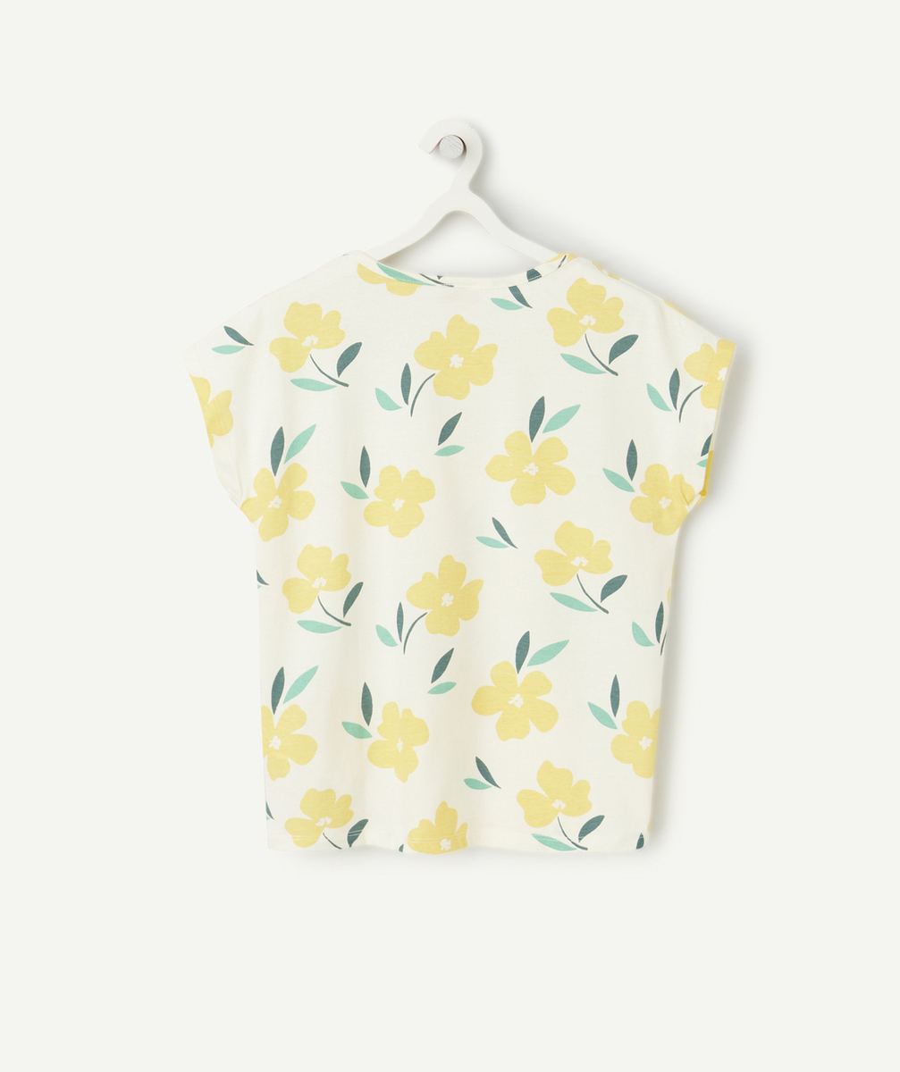 t-shirt manches courtes fille en coton bio écru imprimé fleurs jaunes