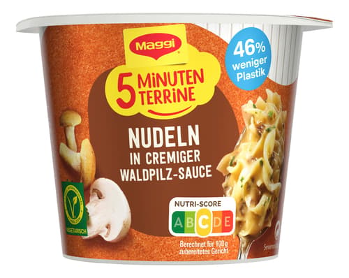 MAGGI 5 Minuten Terrine Nudeln in cremiger Waldpilz-Rahmsauce