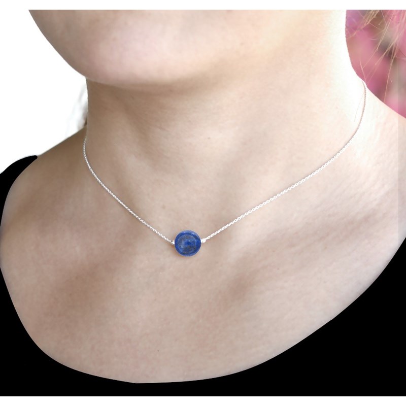 Collier ras du cou en argent 925 rhodié avec pierre naturelle 10mm - Lapis Lazuli