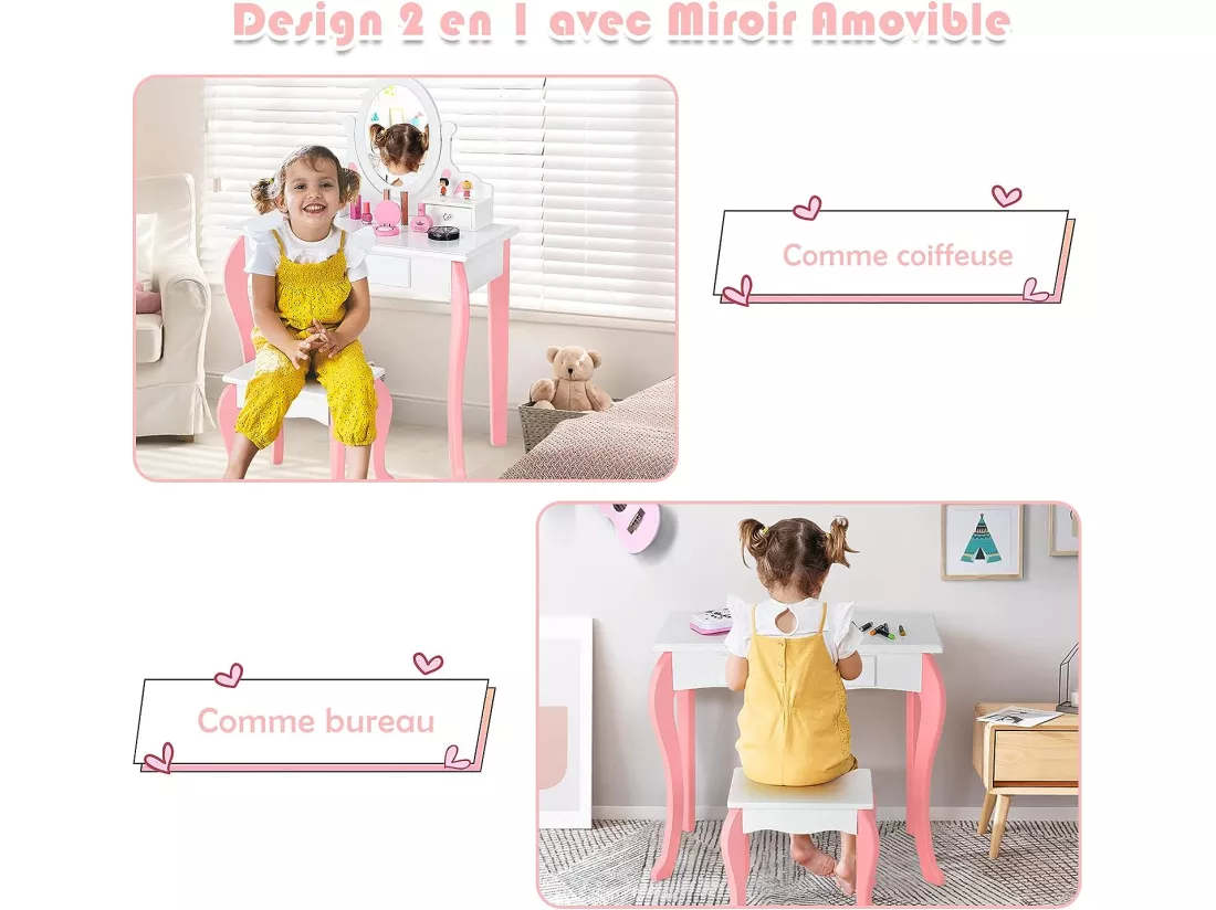 Coiffeuse avec Tabouret pour Enfants, Table de Maquillage en Bois avec Miroir Pivotant à 360°, 3 Tiroirs et Dessus Amovible, 70 x 33,5 x 99,5 cm, Blanc