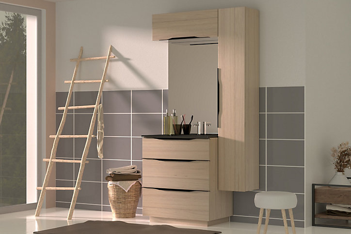 Meuble sous vasque à poser Pamili aspect bois 80 cm + plan vasque en résine noir