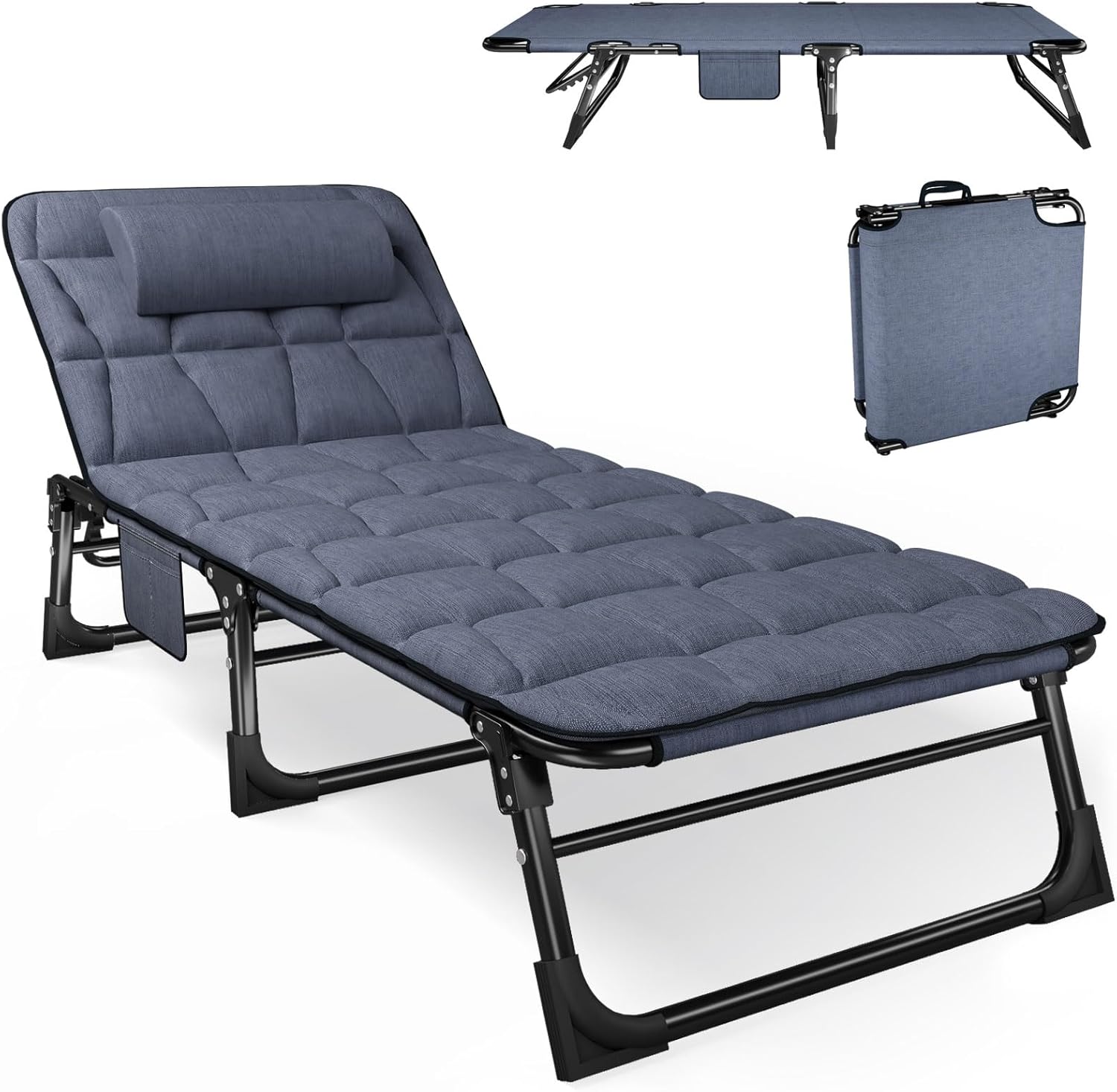klappbare Sonnenliege mit 4 Positionen verstellbaren Rückenlehnen, tragbare vielseitige Campingbett-Liegestuhl-Kombination für Garten, Pool, Patio, gepolsterter Matratze & Kissen - Blau OV8873108