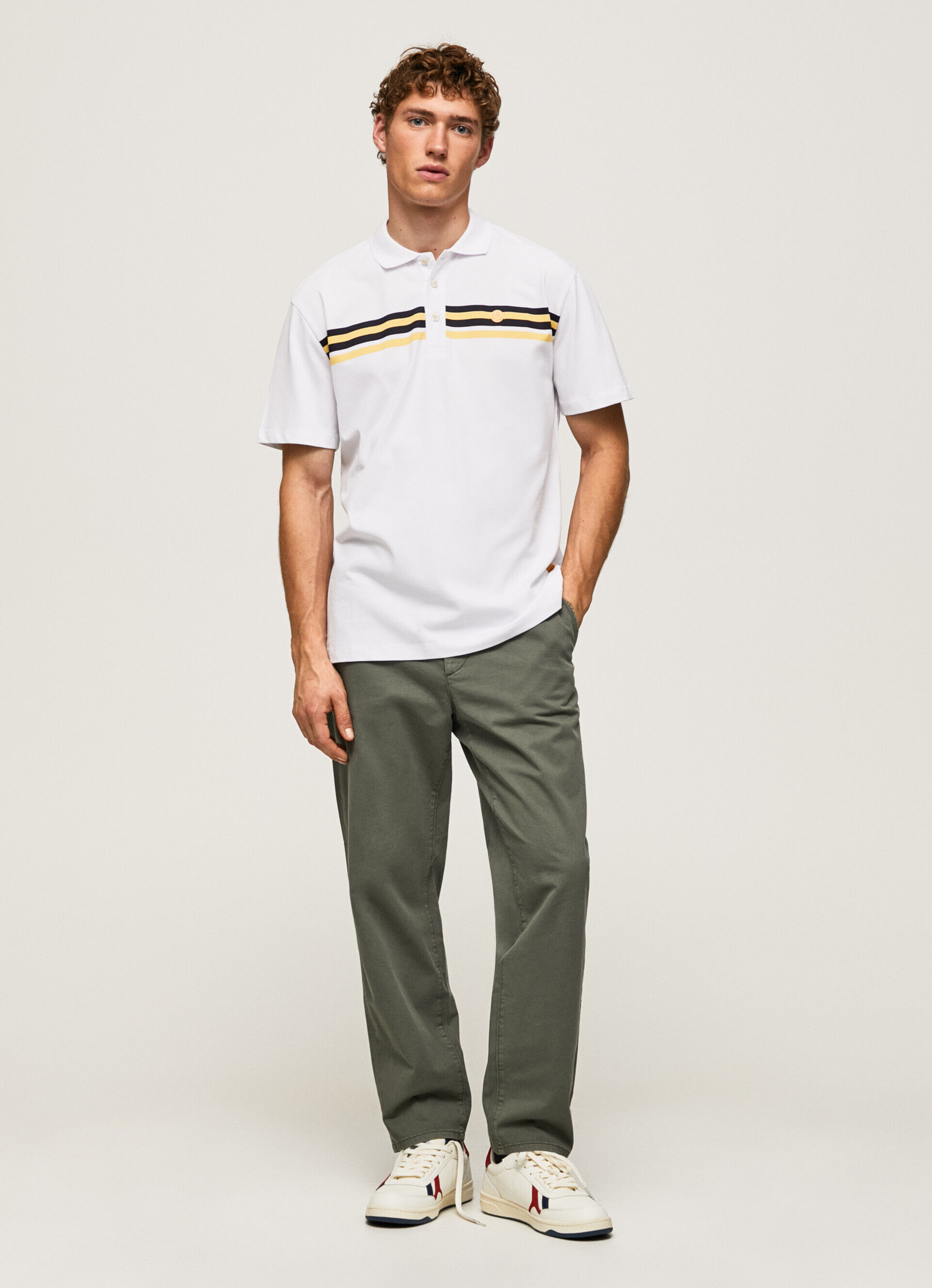 Camisa polo de algodão com detalhes listrados - branca