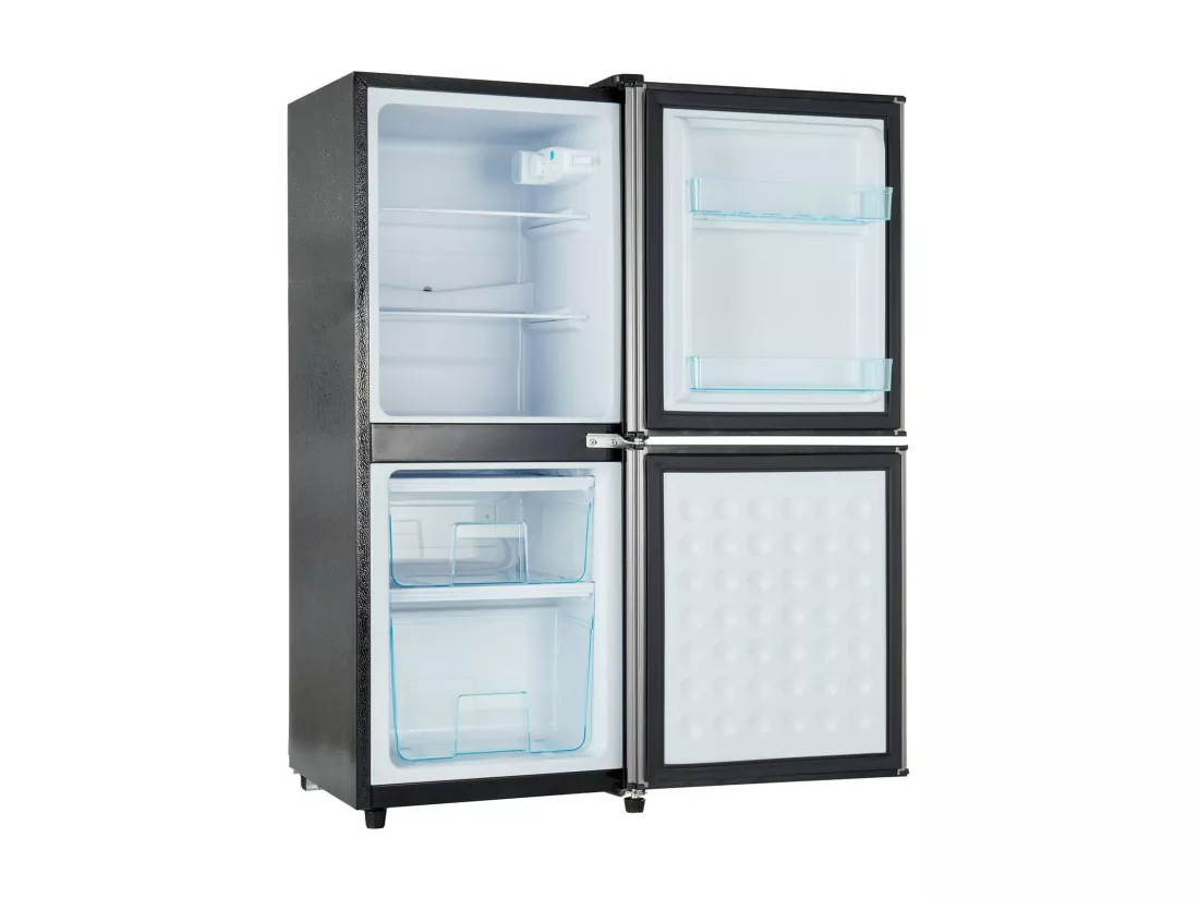 106L Réfrigérateur Argenté+noir, avec cloison en verre et pieds réglables, 7 température, -25~10 ℃, Classe d'efficacité énergétique E