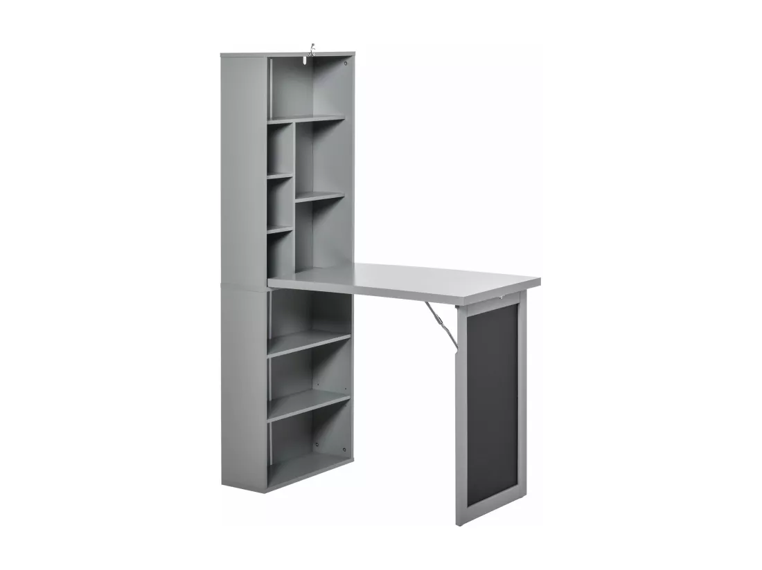 Bureau mural pliable table murale rabattable suspendue sur pied avec bibliothèque tableau à craie intégré panneaux particules gris