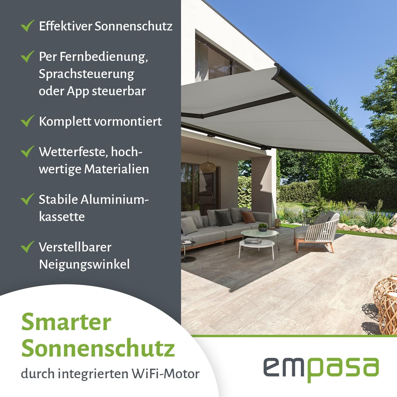 empasa elektrische Vollkassettenmarkise Profi Plus mit WiFi-Motor Smart Home kompatibel Terrassenüberdachung Markise Kassettenmarkise, hellgrau, Verschiedene Größen