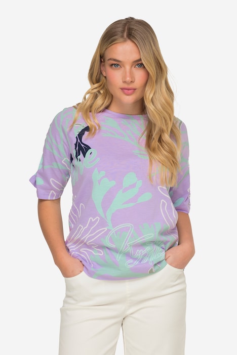 T-Shirt, Korallen-Print, Rundhals, Halbarm mit Raffung
