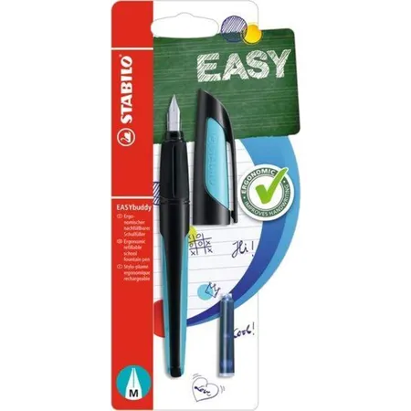 Schulfüller mit Standard-Feder M - STABILO EASYbuddy in schwarz/himmelblau - Schreibfarbe blau (löschbar) - Einzelstift - inklusive Patrone