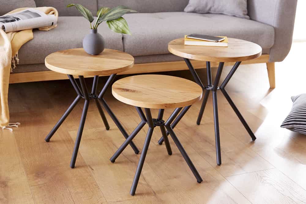 Modernes 3er Set Beistelltische FACTORY 40cm natur Wildeiche Massivholz rund schwarz Metall