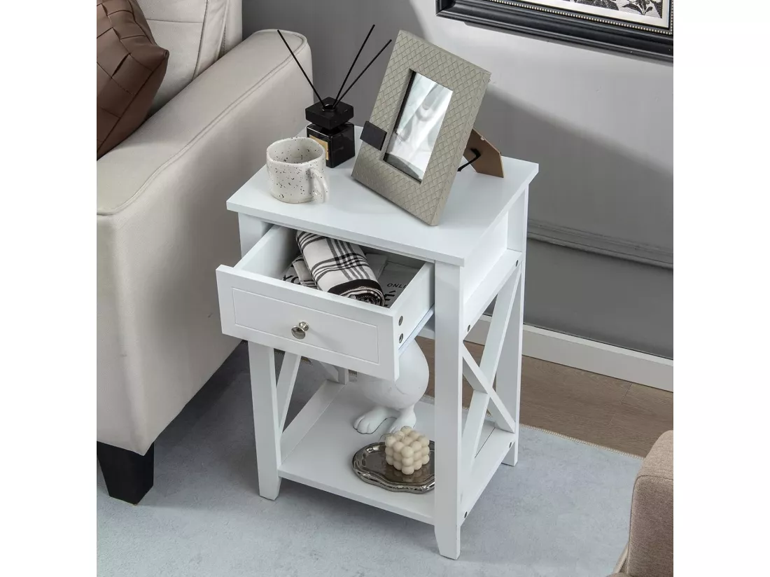 Table de Chevet avec Tiroir et Étagère Ouverte, Table de Nuit Table d'Appoint Poignée en Métal pour Salon, Chambre, Bureau, Appartement, 40x30x61,5cm (Blanc*2)