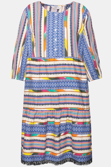 Kleid, A-Line, Musterstreifen, Knopfleiste, 3/4-Ärmel