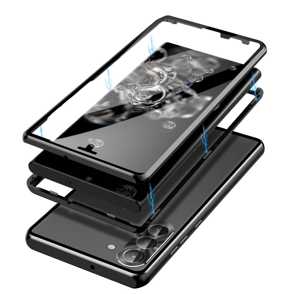 Samsung Galaxy S23 5G Magnetische Alu Schutzhülle mit Panzer Glas Backcover   Display- / Kameraglasschutz (Verschlussmechanismus) - Schwarz